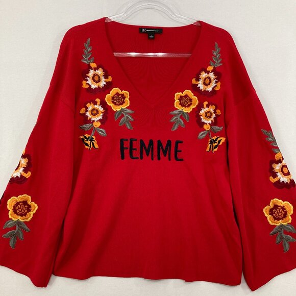 INC International Concepts Sweaters - INC International Concepts Large Red Floral Embroidered Flare Sleeve Sweater